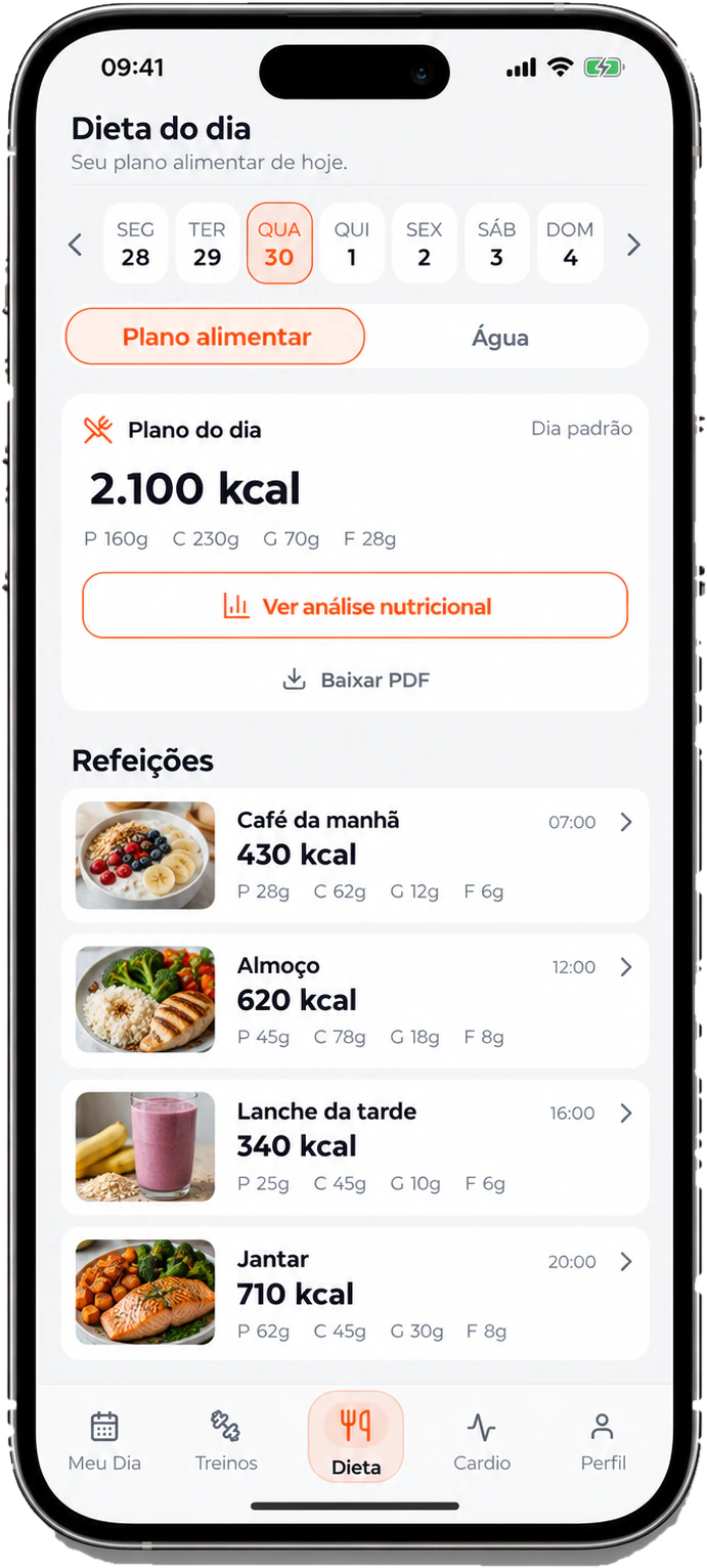 Dieta do dia no App Strenuz com calorias, macronutrientes e refeições