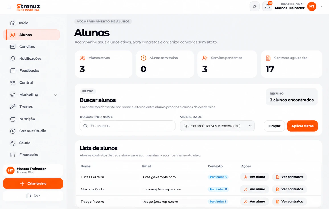 Professional Web da Strenuz com a lista de alunos e o acompanhamento