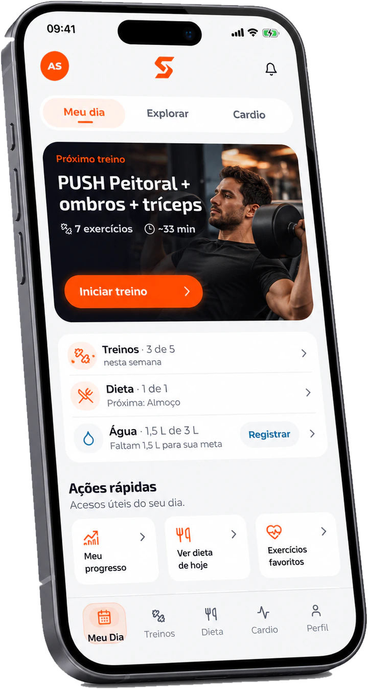 Tela inicial do App Strenuz com o próximo treino do aluno