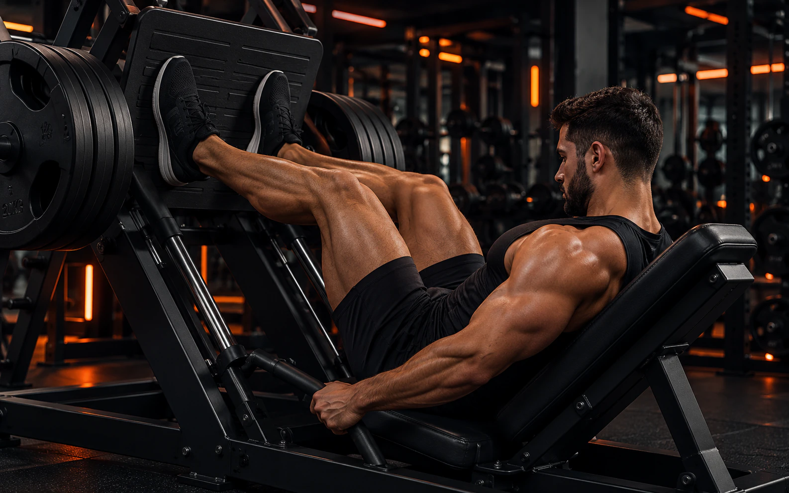 Atleta executando leg press em academia
